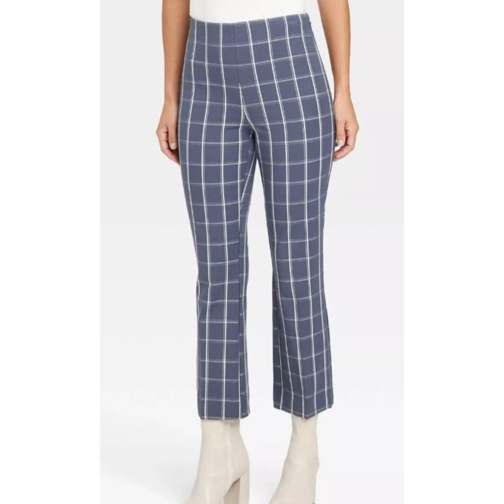 Women's Cropped Kick Flare Pull-On Pants - A New Day Navy plaid size 4